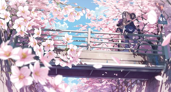 イラスト 4436x2389 と オリジナル カントク 長髪 赤面 highres 短い髪 黒髪 wide image absurdres outdoors ポニーテール eyes closed couple 桜 almost kiss 女の子 男性 スカート 制服 花