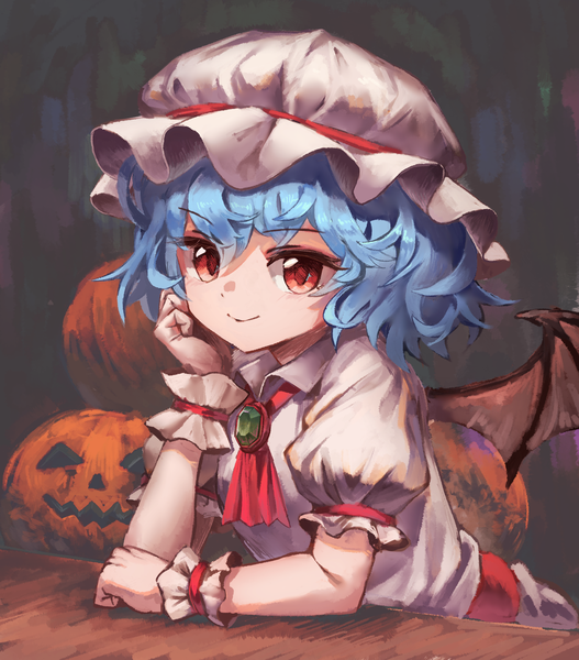 Anime picture 2133x2425 with touhou remilia scarlet yanyan (shinken gomi) single tall image looking at viewer fringe highres short hair smile hair between eyes red eyes blue hair puffy sleeves halloween head rest girl hat wings bonnet