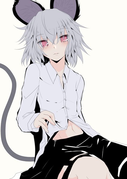 Anime picture 960x1355 with touhou nazrin ishikkoro single tall image looking at viewer fringe short hair simple background white background animal ears tail animal tail pink eyes grey hair bare belly open collar adapted costume mouse ears mouse tail