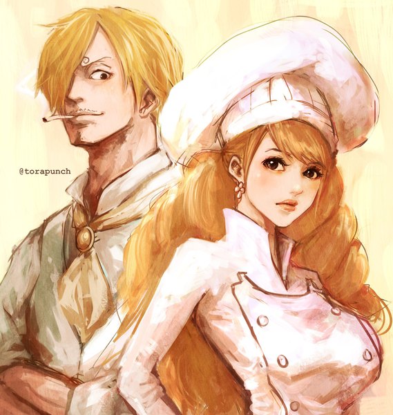 Anime picture 1944x2048 with one piece toei animation sanji charlotte pudding torapunch long hair tall image looking at viewer blush fringe highres short hair simple background blonde hair smile hair between eyes brown hair holding signed looking away
