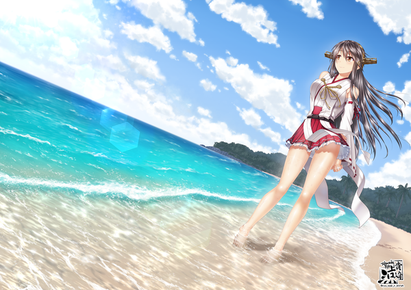 Anime picture 2828x2000 with kantai collection haruna battleship kisaki ryou single long hair highres light erotic black hair smile brown eyes signed sky cloud (clouds) full body beach partially submerged lens flare ass visible through thighs landscape arm behind back