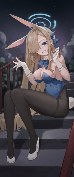 Anime-Bild 1504x3584 mit blue archive asuna (blue archive) asuna (bunny) (blue archive) sentter single tall image looking at viewer fringe breasts blue eyes light erotic blonde hair smile large breasts sitting bare shoulders animal ears cleavage full body bent knee (knees)