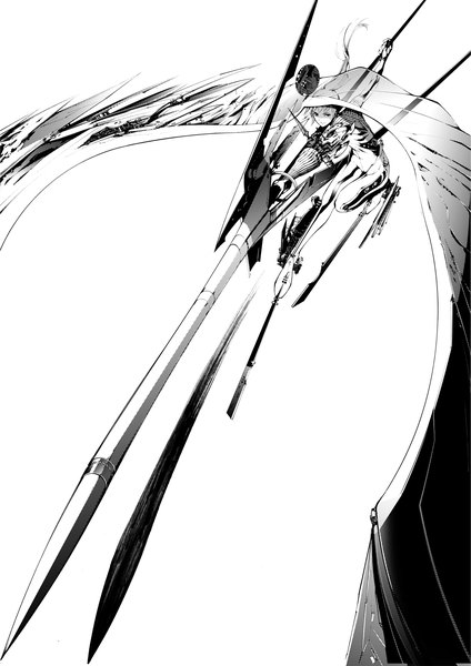 Anime picture 1241x1754 with original giba (out-low) single long hair tall image fringe simple background white background white hair ponytail black eyes monochrome transparent angel mechanical parts girl weapon cyborg