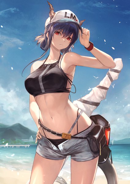 Anime picture 1536x2172 with arknights ch'en (arknights) female tourist c (arknights) shirataki jiro single tall image looking at viewer fringe short hair breasts light erotic hair between eyes red eyes standing blue hair sky cloud (clouds) outdoors tail head tilt