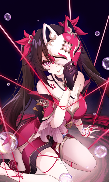 Anime picture 1197x2000 with honkai: star rail honkai (series) sparkle (honkai: star rail) akizawa single long hair tall image looking at viewer brown hair sitting twintails bare shoulders payot blunt bangs pink eyes barefoot tattoo black background wariza covering