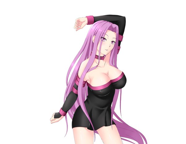 Anime picture 2000x1548 with fate (series) fate/stay night type-moon rider shigure sugamu (pixiv id612509) single long hair looking at viewer blush highres breasts light erotic large breasts purple eyes purple hair girl collar