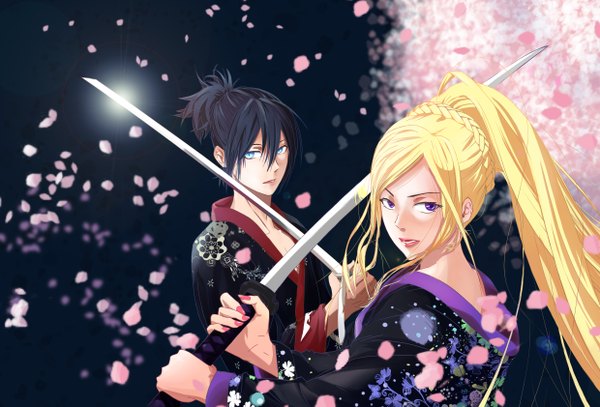 Anime picture 2480x1683 with noragami studio bones yato (noragami) bishamonten (noragami) long hair looking at viewer fringe highres blue eyes black hair blonde hair holding ponytail nail polish traditional clothes parted lips japanese clothes looking back fingernails lips