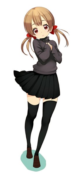 Anime picture 474x1050 with original zizi (zz22) single long hair tall image looking at viewer red eyes brown hair twintails pleated skirt girl thighhighs skirt black thighhighs sweater