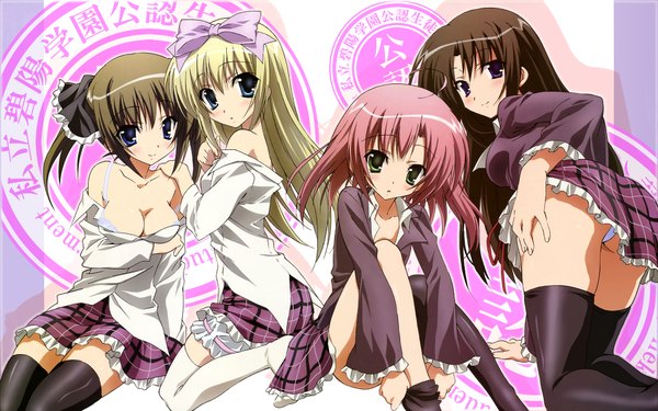 Anime picture 1920x1200 with seitokai no ichizon sakurano kurimu shiina mafuyu akaba chizuru shiina minatsu highres blue eyes light erotic blonde hair brown hair wide image purple eyes green eyes pink hair ass thighhighs underwear panties