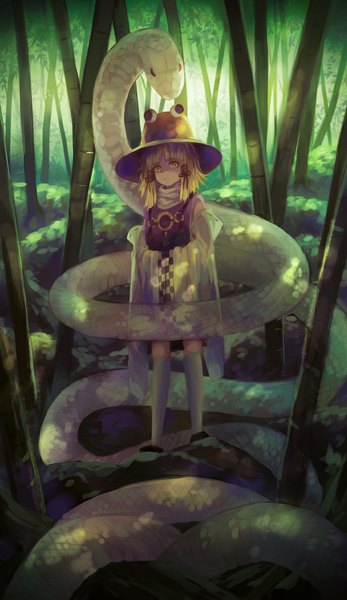 Anime picture 686x1186 with touhou moriya suwako mishaguji 91 single tall image looking at viewer fringe short hair blonde hair standing yellow eyes wide sleeves hands in sleeves bamboo forest girl plant (plants) hat tree (trees) socks