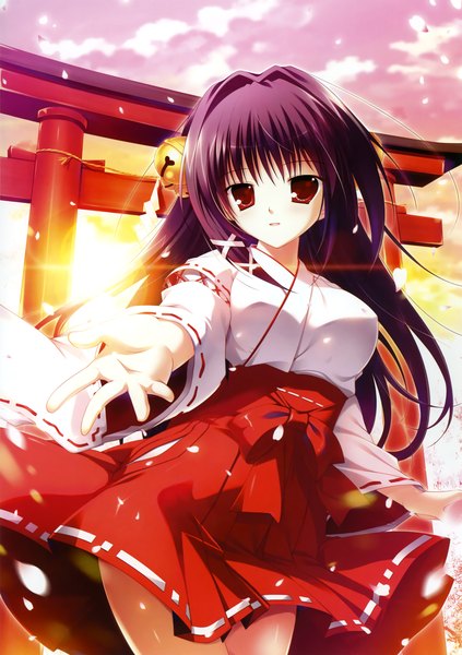 Anime picture 3243x4602 with original eshi 100-nin ten mikeou single long hair tall image highres black hair red eyes absurdres traditional clothes miko girl petals bell jingle bell torii