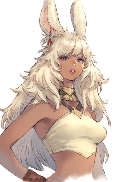 Anime picture 1009x1500 with final fantasy final fantasy xiv square enix viera makimura shunsuke single long hair tall image looking at viewer fringe blue eyes simple background blonde hair hair between eyes white background bare shoulders animal ears payot upper body parted lips