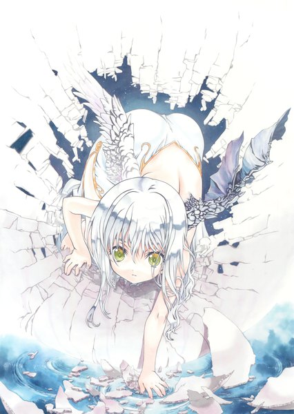 Anime picture 2342x3300 with original utatane hiroyuki single long hair tall image looking at viewer fringe highres hair between eyes green eyes silver hair scan arm support leaning leaning forward bare back crack girl wings water
