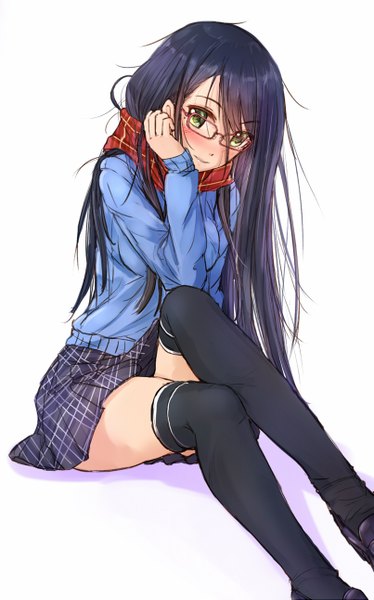 Anime picture 805x1291 with original kazeno single long hair tall image looking at viewer blush highres black hair simple background white background sitting green eyes light smile adjusting hair plaid skirt girl thighhighs skirt uniform