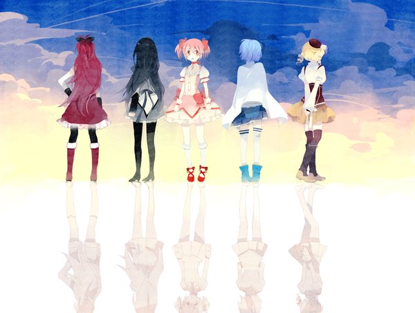 Anime picture 1993x1503 with mahou shoujo madoka magica shaft (studio) akemi homura kaname madoka sakura kyouko miki sayaka tomoe mami kyang692 long hair highres short hair black hair blonde hair twintails multiple girls blue hair pink hair cloud (clouds) red hair pink eyes