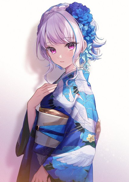 Anime picture 1004x1417 with virtual youtuber nijisanji lize helesta lize helesta (6th costume) usuke (u skeeep) single tall image looking at viewer short hair simple background white background purple eyes silver hair upper body traditional clothes japanese clothes multicolored hair shadow streaked hair official alternate costume