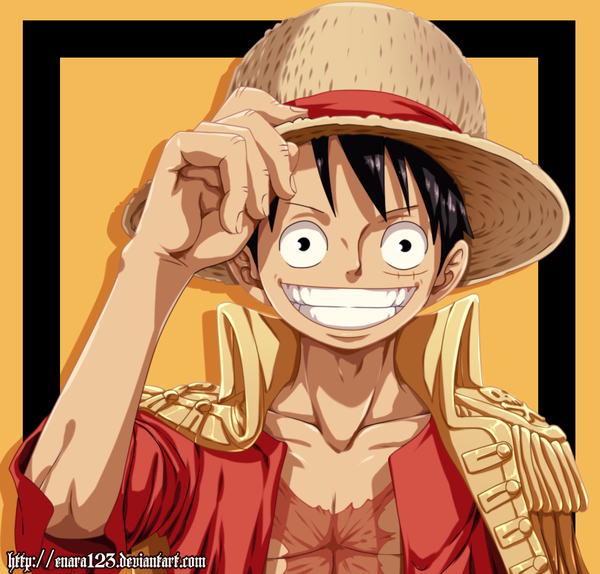 Anime picture 1000x957 with one piece toei animation monkey d. luffy enara123 single looking at viewer fringe short hair black hair simple background smile signed upper body arm up black eyes open clothes grin coloring border scar