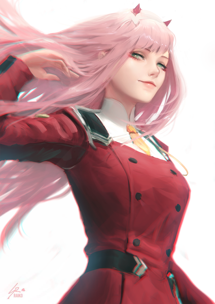 Anime picture 800x1132 with darling in the franxx studio trigger zero two (darling in the franxx) raikoart single long hair tall image looking at viewer fringe simple background standing white background green eyes signed pink hair upper body long sleeves arm up horn (horns) light smile