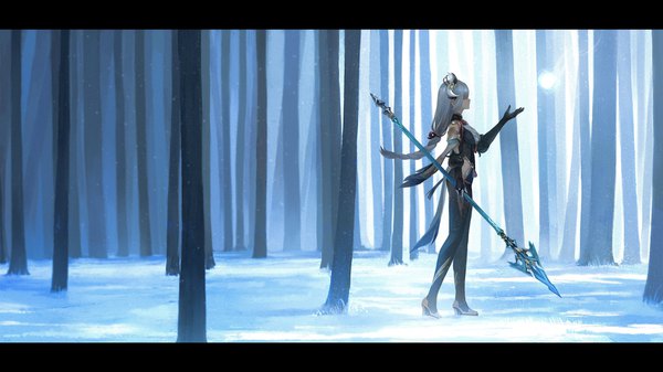 Anime picture 3026x1702 with genshin impact shenhe (genshin impact) anna (drw01) single long hair highres wide image standing silver hair full body outdoors braid (braids) profile arm up letterboxed winter girl gloves weapon plant (plants)