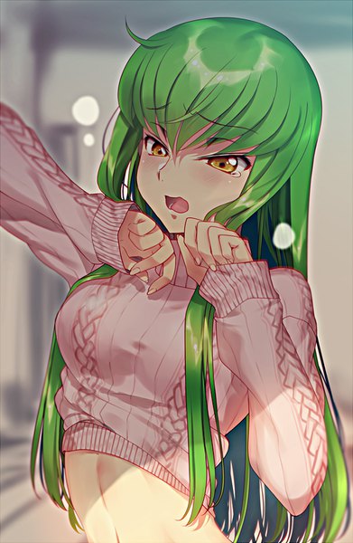 Anime picture 600x920 with code geass sunrise (studio) c.c. creayus single long hair tall image fringe open mouth standing yellow eyes payot upper body ahoge long sleeves green hair bare belly tears sleeves past wrists eyebrows