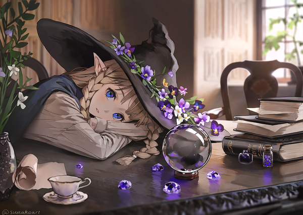 Anime picture 1761x1253 with original lyydia (sunako) sunako (veera) single long hair looking at viewer highres blue eyes blonde hair indoors braid (braids) pointy ears twin braids elf girl flower (flowers) hat book (books) witch hat cup