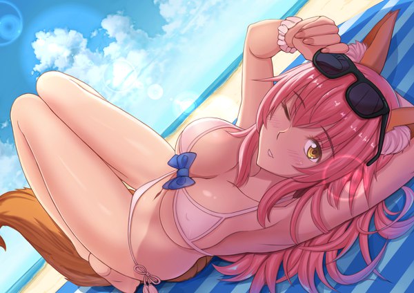 Anime picture 1280x906 with fate (series) fate/grand order fate/extra tamamo (fate) (all) tamamo no mae (fate) keikei (kitty colors) single long hair looking at viewer blush fringe breasts light erotic large breasts animal ears yellow eyes pink hair sky cleavage outdoors