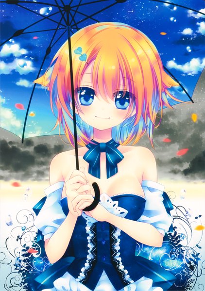 Anime picture 2559x3641 with original konno kengo single tall image looking at viewer blush highres short hair blue eyes blonde hair smile bare shoulders sky cloud (clouds) light smile scan sky print girl dress bow