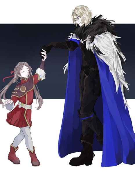 Anime picture 1100x1420 with fire emblem fire emblem: three houses nintendo edelgard von hresvelg dimitri alexandre blaiddyd gumiie long hair tall image fringe short hair blue eyes simple background smile hair between eyes brown hair twintails full body eyes closed profile holding hair