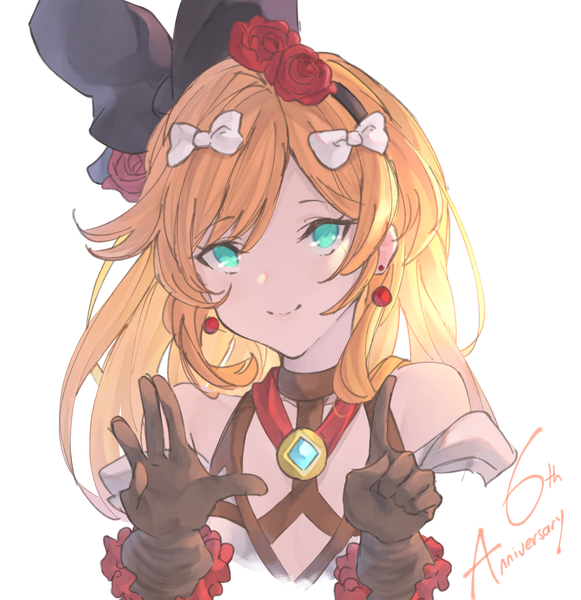 Anime picture 2027x2092 with granblue fantasy clarisse (granblue fantasy) betabeet single long hair tall image looking at viewer highres simple background smile white background upper body aqua eyes orange hair anniversary girl gloves bow hair bow earrings