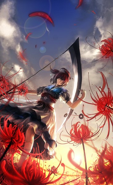 Anime picture 730x1193 with touhou onozuka komachi kzcjimmy single tall image short hair red eyes sky cloud (clouds) red hair wind from below girl dress flower (flowers) weapon petals socks white socks scythe