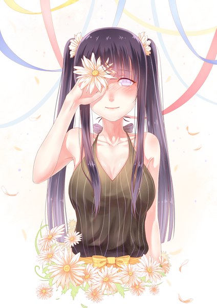 Anime picture 1200x1696 with naruto studio pierrot naruto (series) hyuuga hinata haneru single long hair tall image looking at viewer blush fringe smile white background twintails bare shoulders cleavage purple hair upper body alternate hairstyle white eyes
