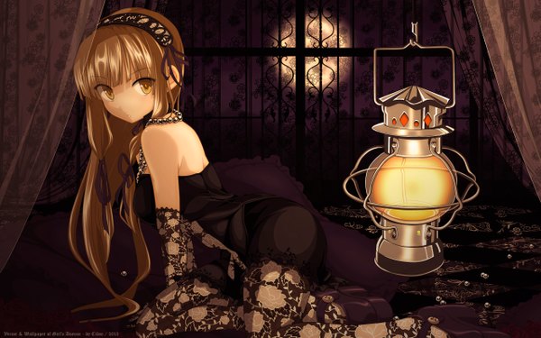 Anime picture 2560x1600 with megami magazine girl's avenue azuma syoujuan single long hair looking at viewer highres brown hair wide image bare shoulders brown eyes girl dress gloves hair ornament elbow gloves window black dress bed moon