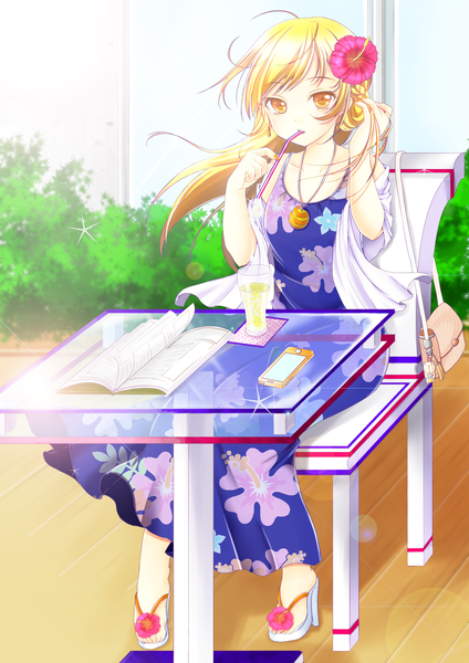 Anime picture 2481x3508 with original iname single long hair tall image looking at viewer highres blonde hair sitting hair flower orange eyes girl dress hair ornament bag