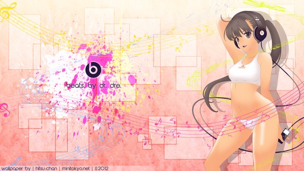 Anime picture 1920x1080 with original ipod morisawa haruyuki single long hair highres open mouth light erotic black hair wide image brown eyes ponytail arms behind head girl navel underwear panties headphones wire (wires) musical note