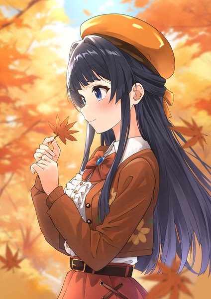 Anime picture 2892x4096 with idolmaster idolmaster million live! mogami shizuka b1ack illust single long hair tall image highres blue eyes black hair looking away upper body outdoors profile floral print half updo autumn girl leaf (leaves) beret