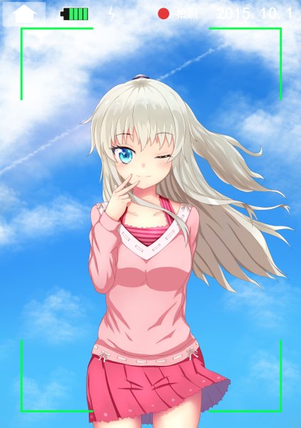 Anime picture 1748x2480 with charlotte p.a. works tomori nao rumaki single long hair tall image looking at viewer fringe highres breasts blue eyes smile sky silver hair cloud (clouds) pleated skirt one eye closed wind wink