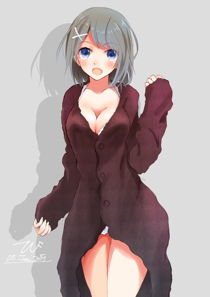 Anime picture 1492x2111 with kantai collection maya heavy cruiser tebi (tbd11) single tall image blush short hair breasts open mouth blue eyes light erotic simple background large breasts standing grey hair grey background shadow girl hair ornament bobby pin