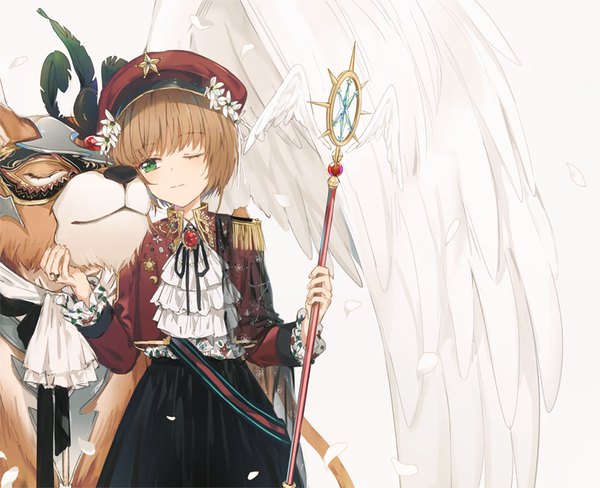 Anime picture 900x732 with card captor sakura clamp kinomoto sakura kerberos dangmill single fringe short hair simple background brown hair standing green eyes looking away one eye closed white wings girl petals wings ring beret