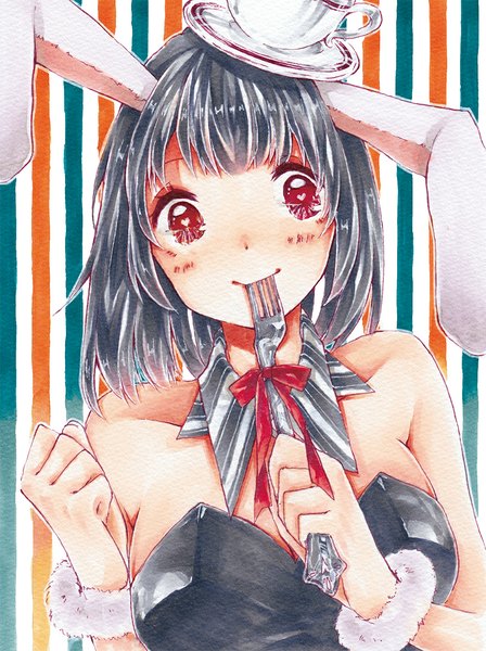 Anime picture 881x1179 with original kawana (spicaboy) single tall image blush fringe short hair black hair smile red eyes bare shoulders animal ears looking away bunny ears symbol-shaped pupils striped striped background girl hat bunnysuit