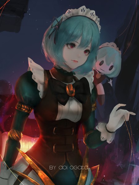 Anime-Bild 995x1328 mit mobile legends: bang bang angela (mobile legends) aoi ogata single tall image fringe short hair breasts hair between eyes red eyes holding signed blue hair looking away upper body long sleeves lips black eyes puffy sleeves lipstick