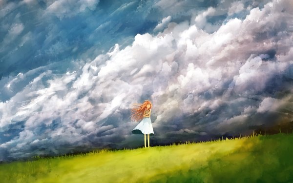 Anime picture 1200x750 with original bounin single long hair fringe wide image brown eyes sky cloud (clouds) orange hair landscape scenic girl dress plant (plants) grass sundress