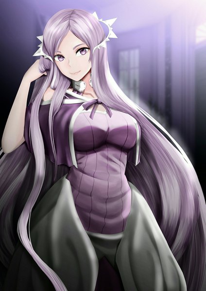 Anime picture 1447x2048 with sword art online sword art online: alicization a-1 pictures quinella ryuzaki 71 single tall image looking at viewer breasts smile large breasts standing purple eyes payot purple hair indoors very long hair adjusting hair hand on face girl