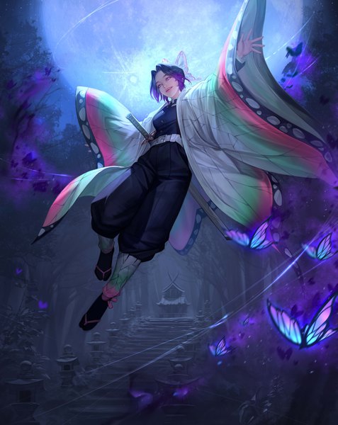 Anime picture 3840x4826 with kimetsu no yaiba ufotable kochou shinobu taekwon kim single tall image looking at viewer highres short hair open mouth black hair smile purple eyes absurdres traditional clothes japanese clothes night lipstick spread arms pink lipstick