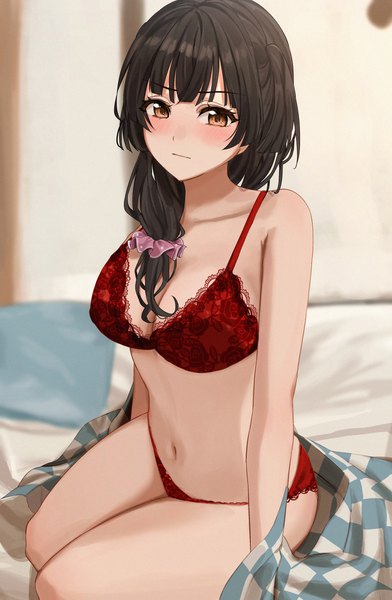 Anime picture 2894x4426 with idolmaster idolmaster shiny colors mayuzumi fuyuko amyu (amm asl pa) single long hair tall image looking at viewer blush fringe highres breasts light erotic black hair large breasts sitting brown eyes full body blunt bangs blurry