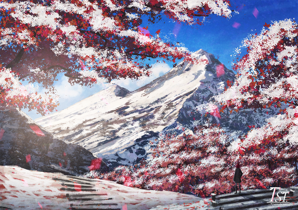 Anime picture 1210x855 with original someya mai single standing sky outdoors back winter snow mountain landscape nature plant (plants) tree (trees) leaf (leaves) forest
