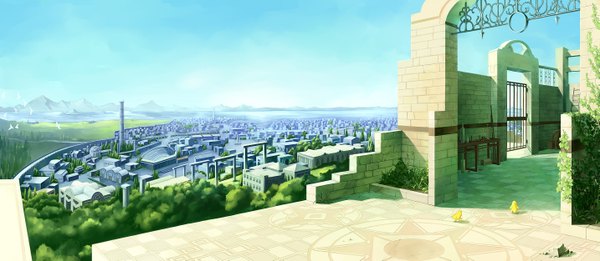 Anime picture 2865x1250 with original yoshikattyu highres wide image sky city horizon mountain plant (plants) animal tree (trees) bird (birds)