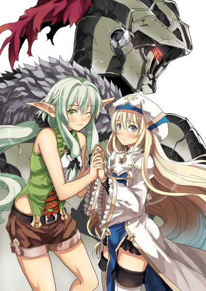 Anime picture 1413x1999 with goblin slayer! white fox high elf archer (goblin slayer!) goblin slayer priestess (goblin slayer!) garimpeiro tall image looking at viewer blush fringe blue eyes simple background blonde hair smile hair between eyes standing white background bare shoulders multiple girls green eyes