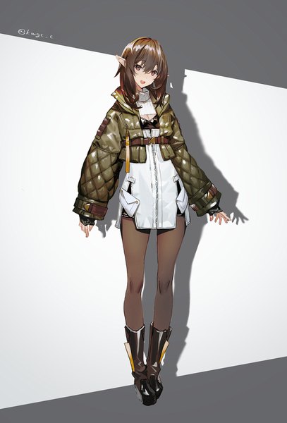 Anime picture 1200x1767 with original kawaguchi (mojacome) single long hair tall image looking at viewer fringe open mouth hair between eyes brown hair standing brown eyes signed full body head tilt :d pointy ears shadow twitter username fashion