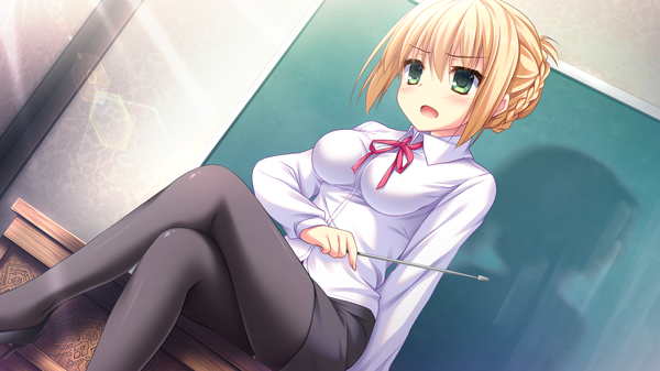 Anime picture 1280x720 with unmei senjou no phi linja oehlenslaeger bankoku ayuya single blush fringe short hair open mouth light erotic blonde hair wide image sitting green eyes looking away game cg braid (braids) shadow crossed legs teacher girl