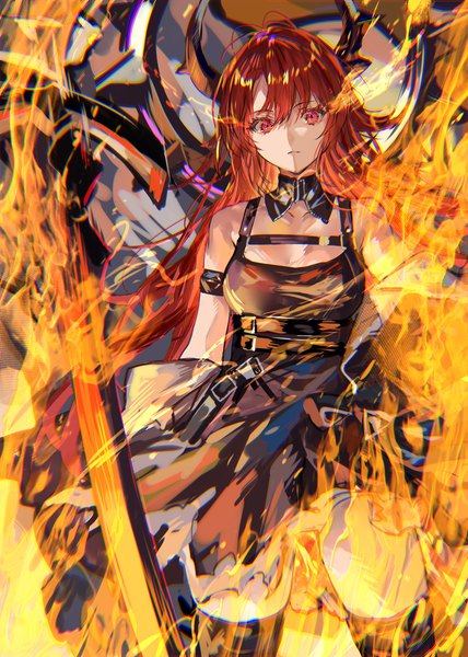 Anime picture 1141x1600 with arknights surtr (arknights) ranou single long hair tall image looking at viewer fringe breasts hair between eyes red eyes standing bare shoulders red hair horn (horns) sleeveless torn clothes girl thighhighs dress